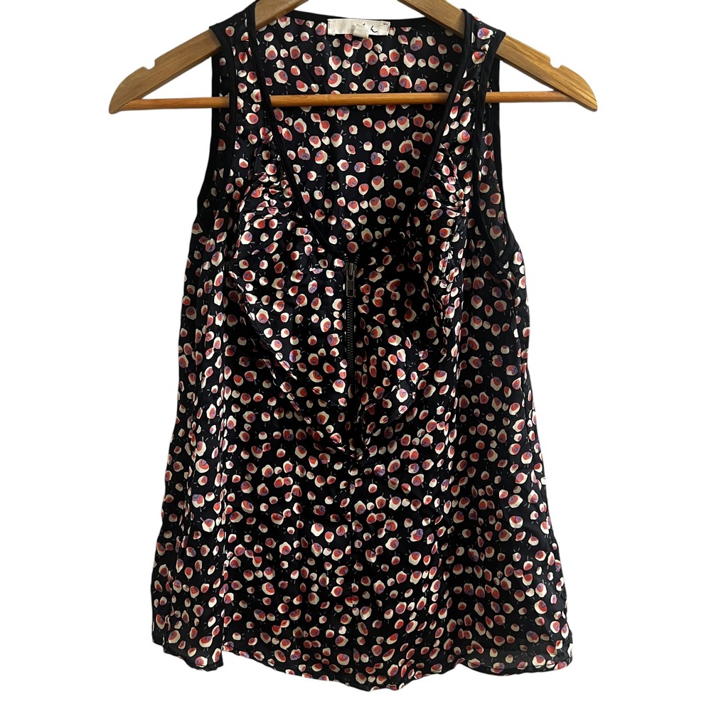 Lush Womens Small Black Floral Ruffle Half Zip Sleeveless Blouse V-Neck‎ Top